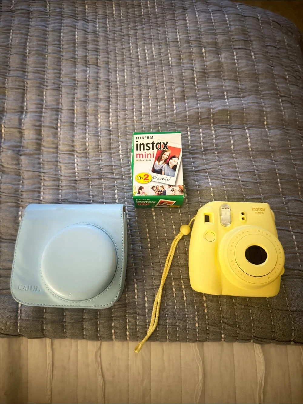 Fujifilm Instax Mini 8 Instant Camera in Yellow with Blue Case and Film